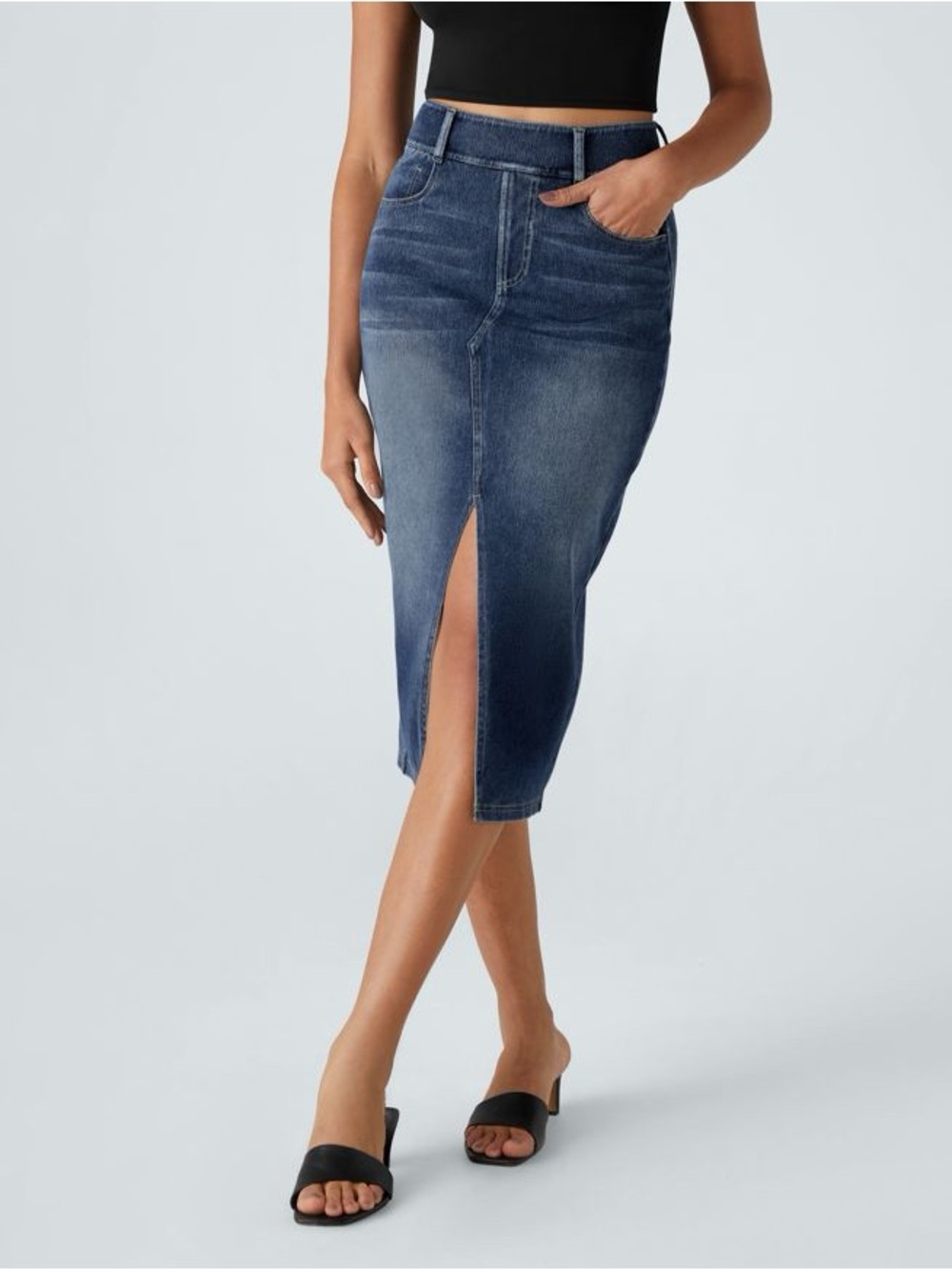 Halara Flex™ High Waisted Pockets Bodycon Washed Denim Casual Midi